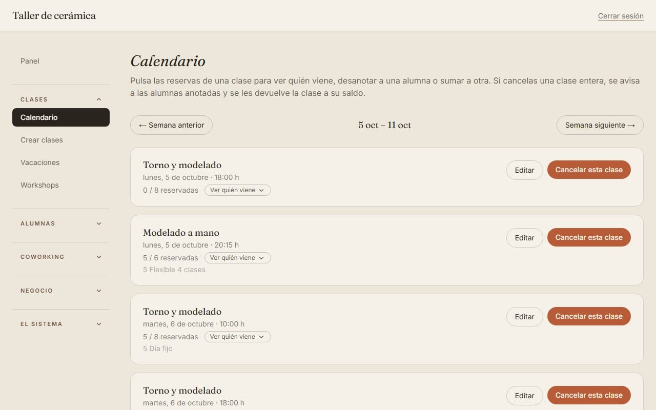 Captura de Gede Studio en la demo: calendario de clases del panel del dueño
