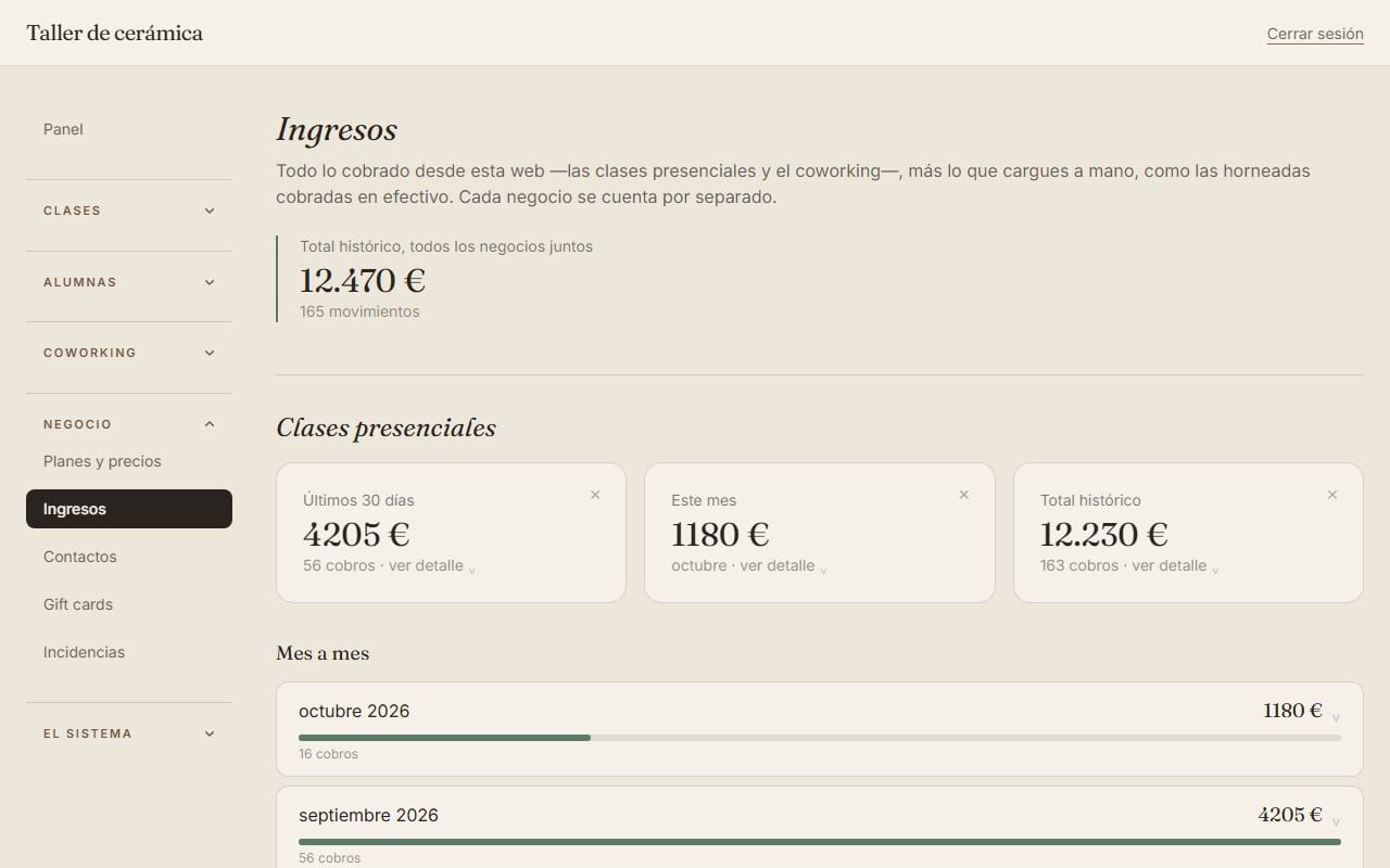 Captura de Gede Studio en la demo: ingresos del taller