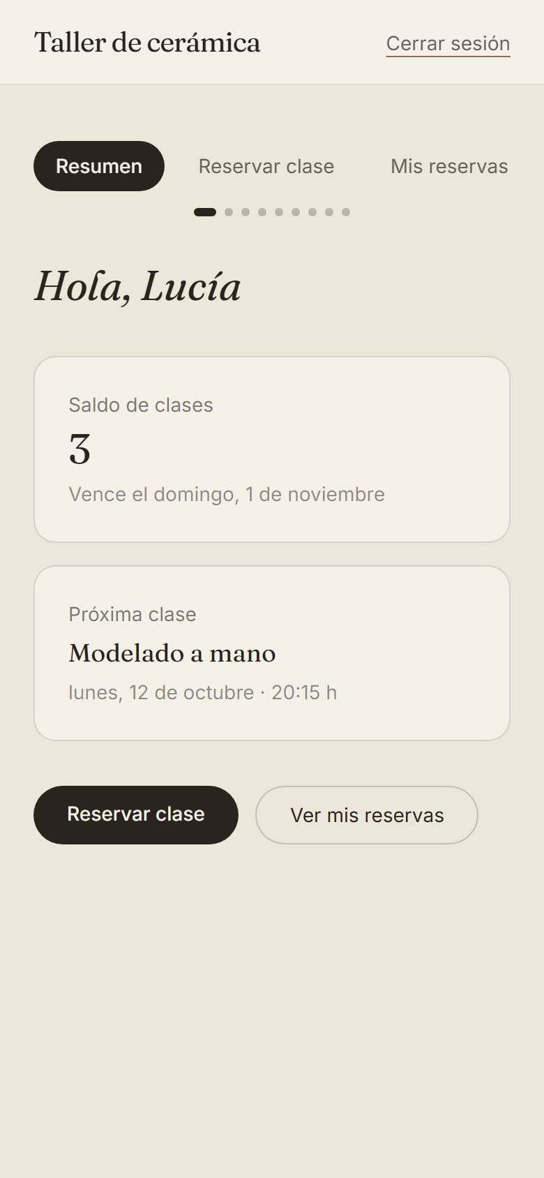 Gede Studio en el móvil, en la demo: resumen de la alumna con su saldo y su próxima clase