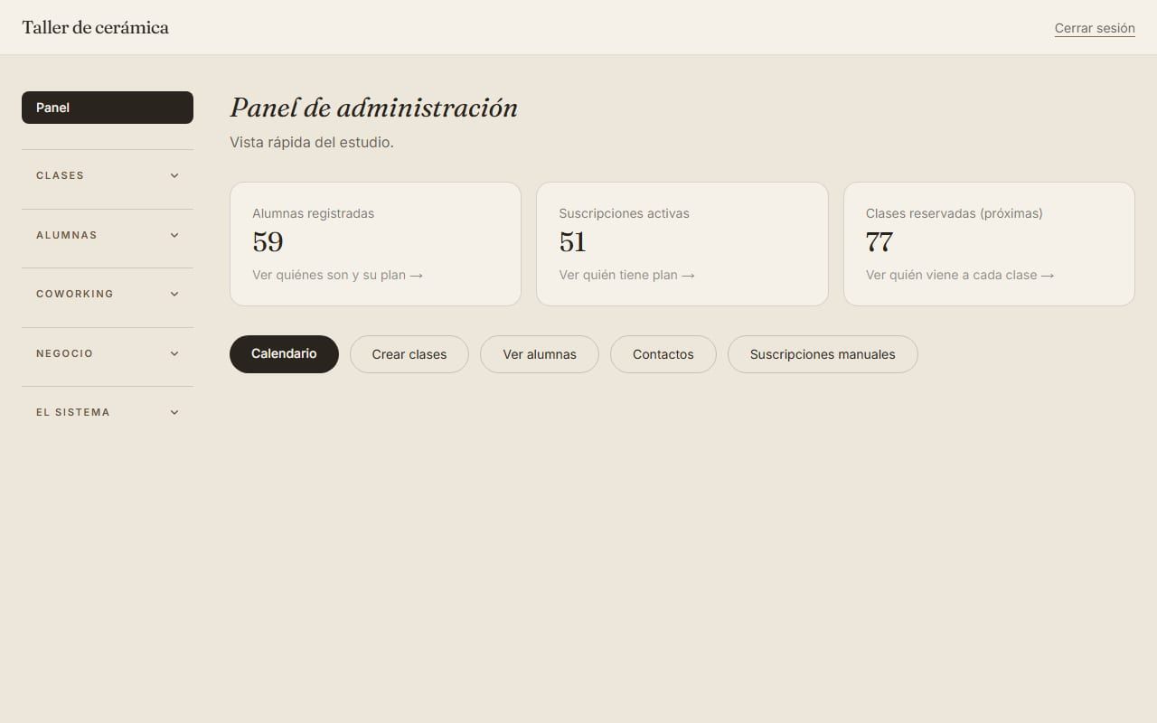 Captura de Gede Studio en la demo: panel del dueño con sus alumnas, suscripciones y clases reservadas