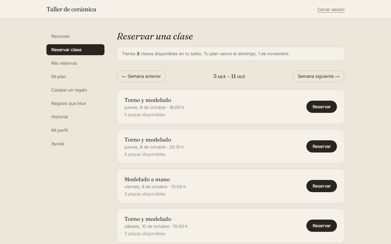 Captura de Gede Studio en la demo: la alumna elige una clase para reservar