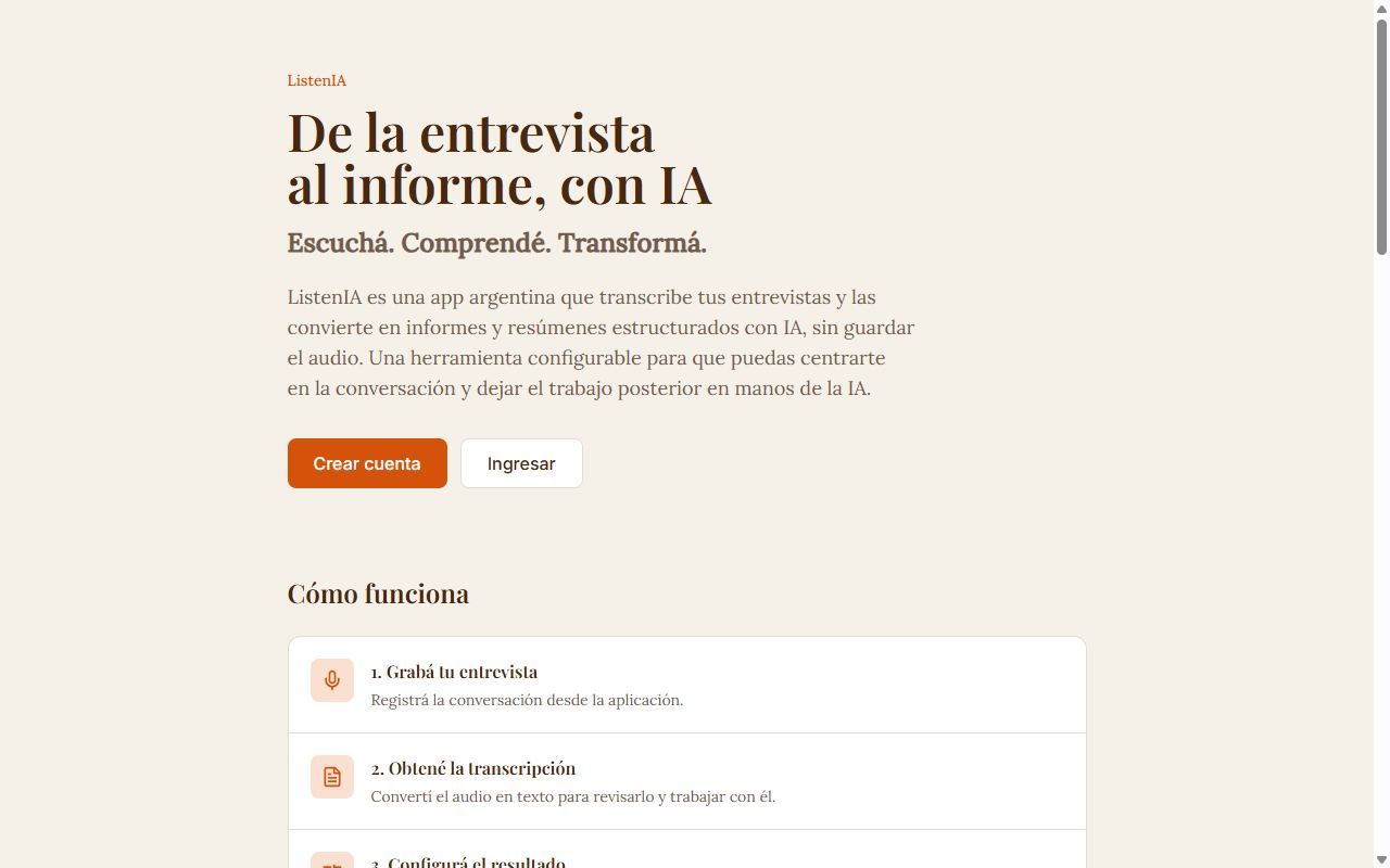Captura de ListenIA: portada «De la entrevista al informe, con IA»