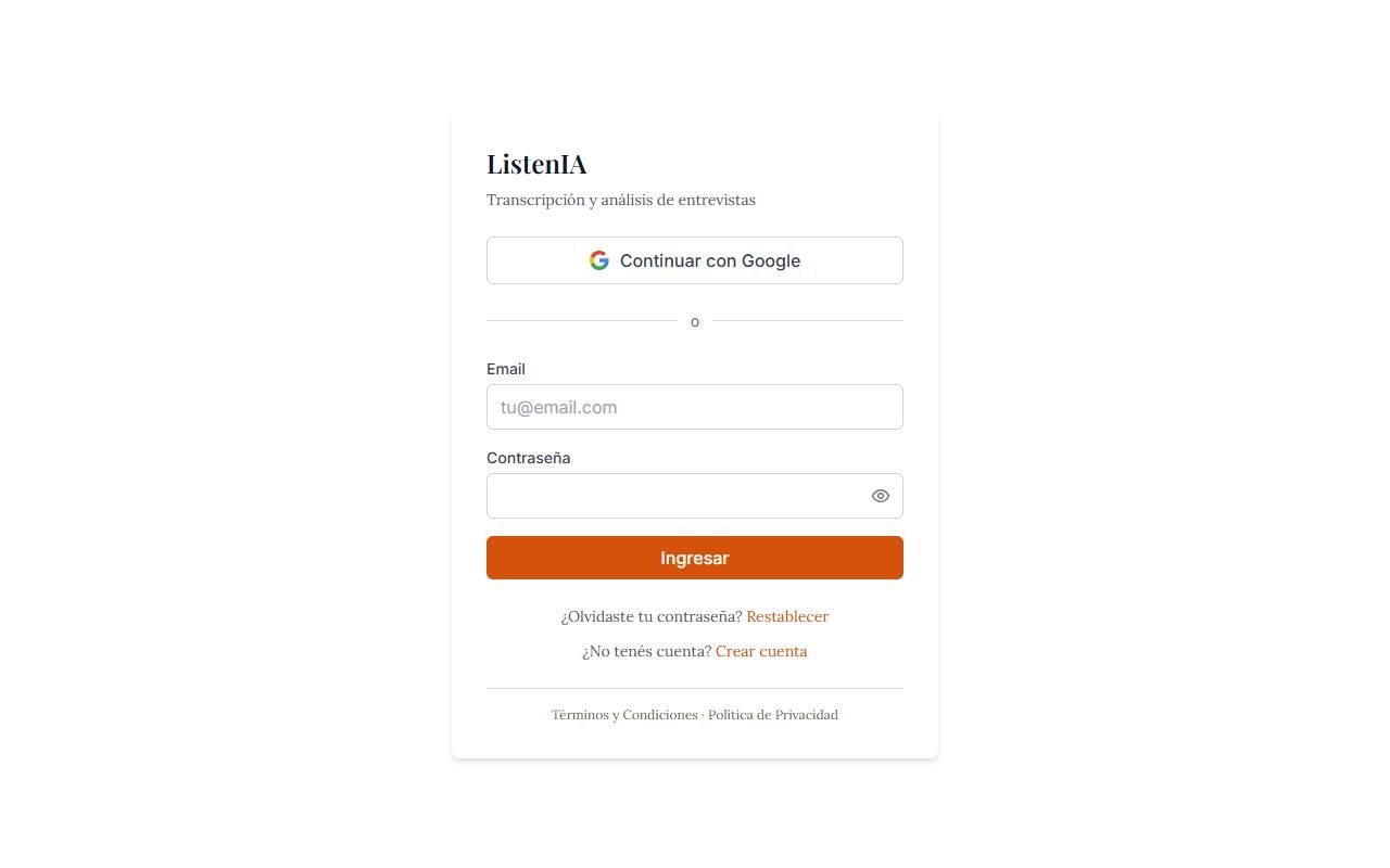 Captura de ListenIA: inicio de sesión con Google o con email