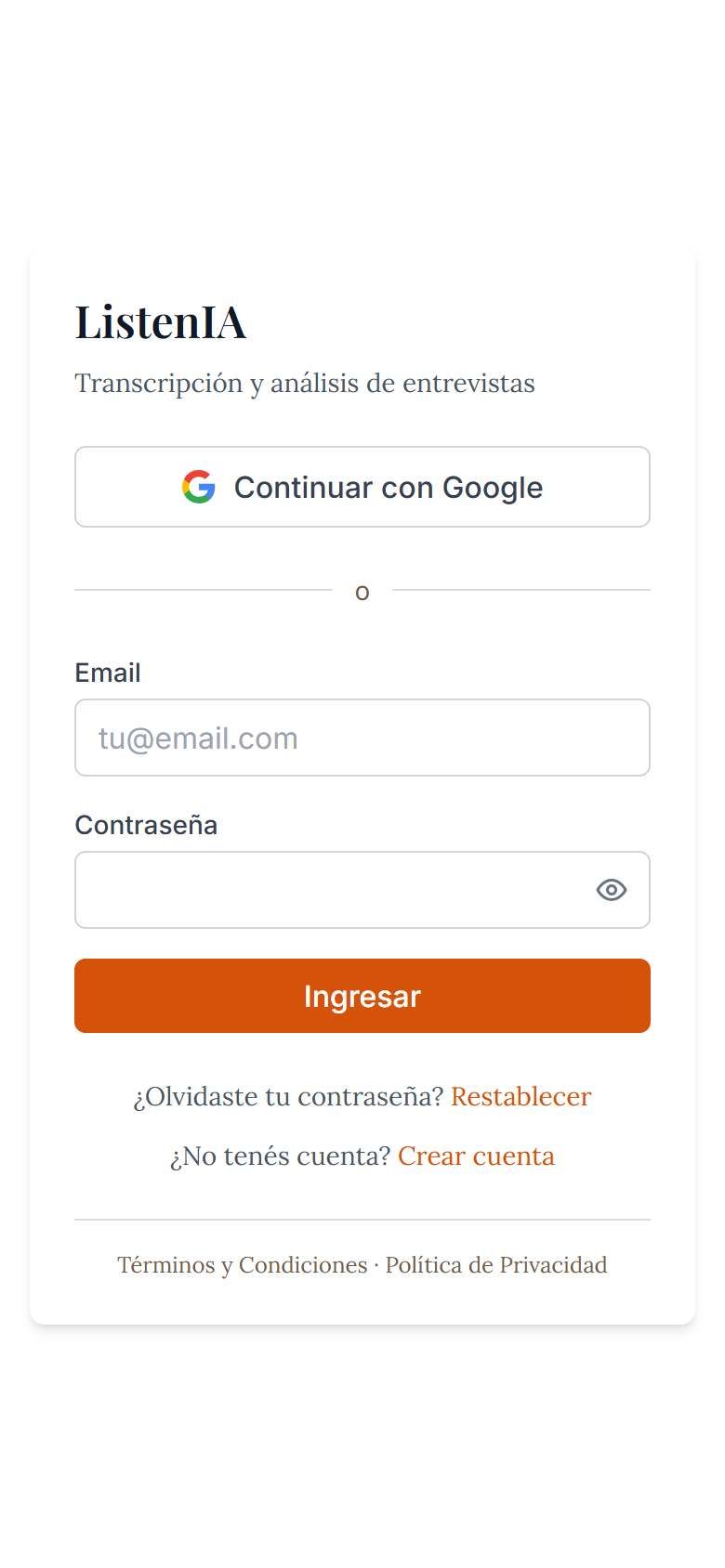 ListenIA en el móvil: inicio de sesión con Google o con email