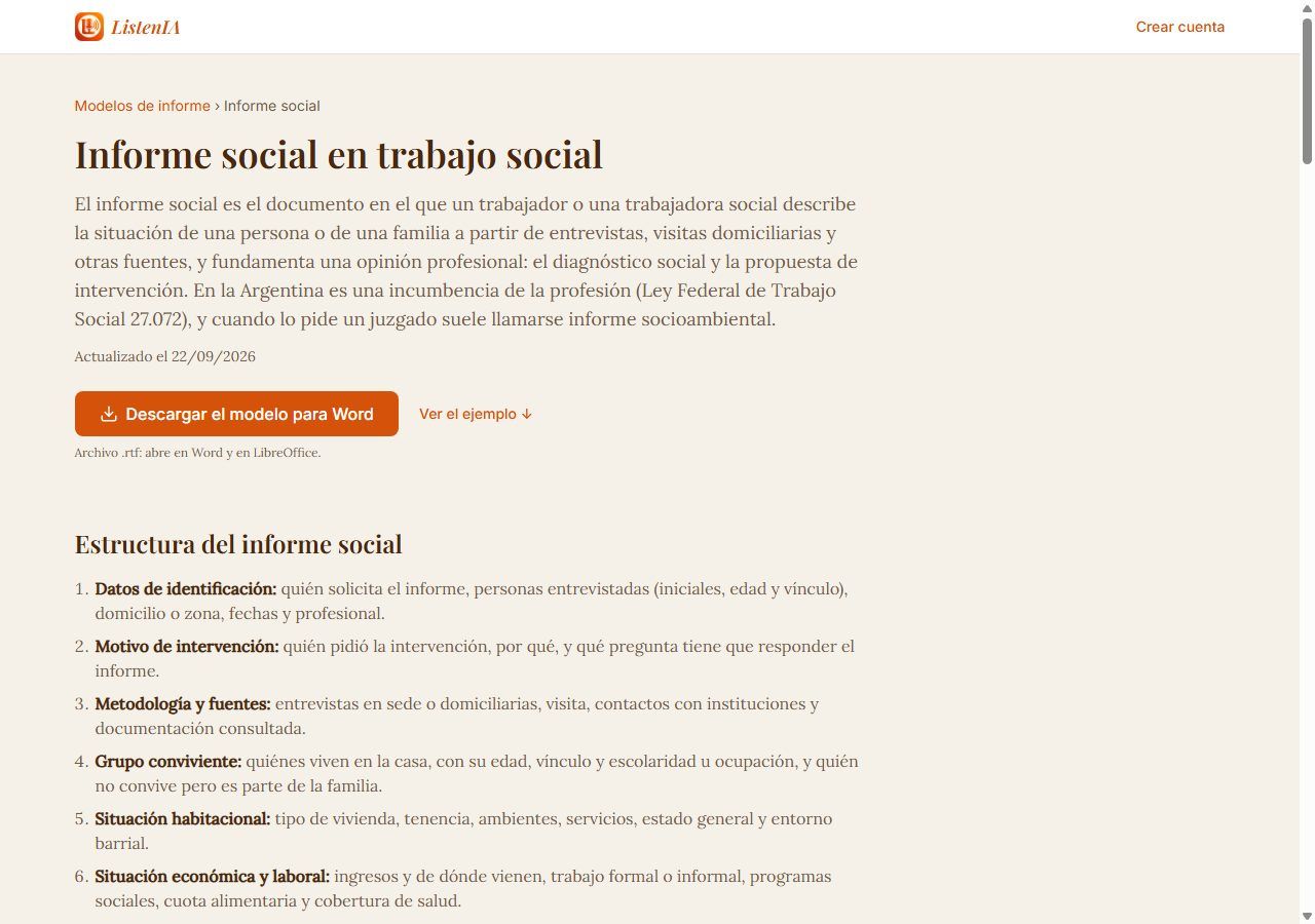 Captura de ListenIA: modelo de informe social con su estructura, para descargar en Word