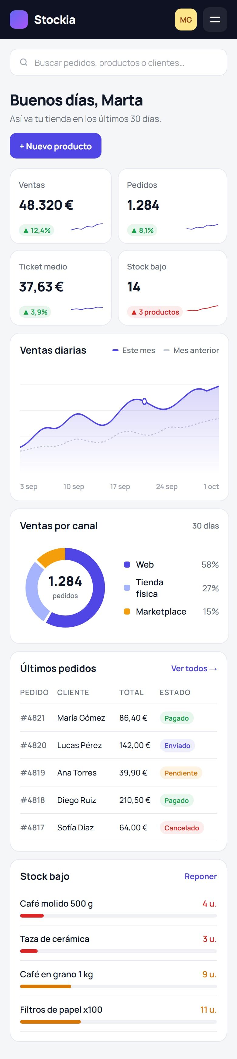 Captura completa de Stockia en el móvil